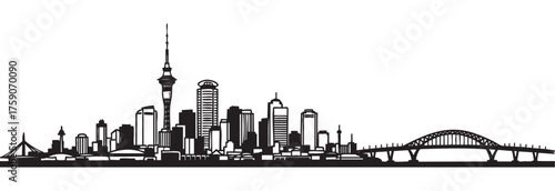Black outline of a city skyline featuring iconic buildings and a tall observation tower with a bridge on the right side.