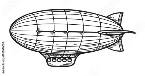 Hand-drawn black outline of a vintage dirigible with a gridded exterior and tail fins, showcasing classic aviation design.