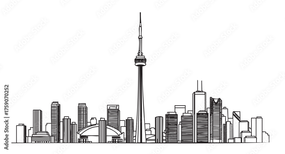 Fototapeta premium Black outline of toronto city skyline featuring prominent buildings like the cn tower and a variety of high-rise structures.