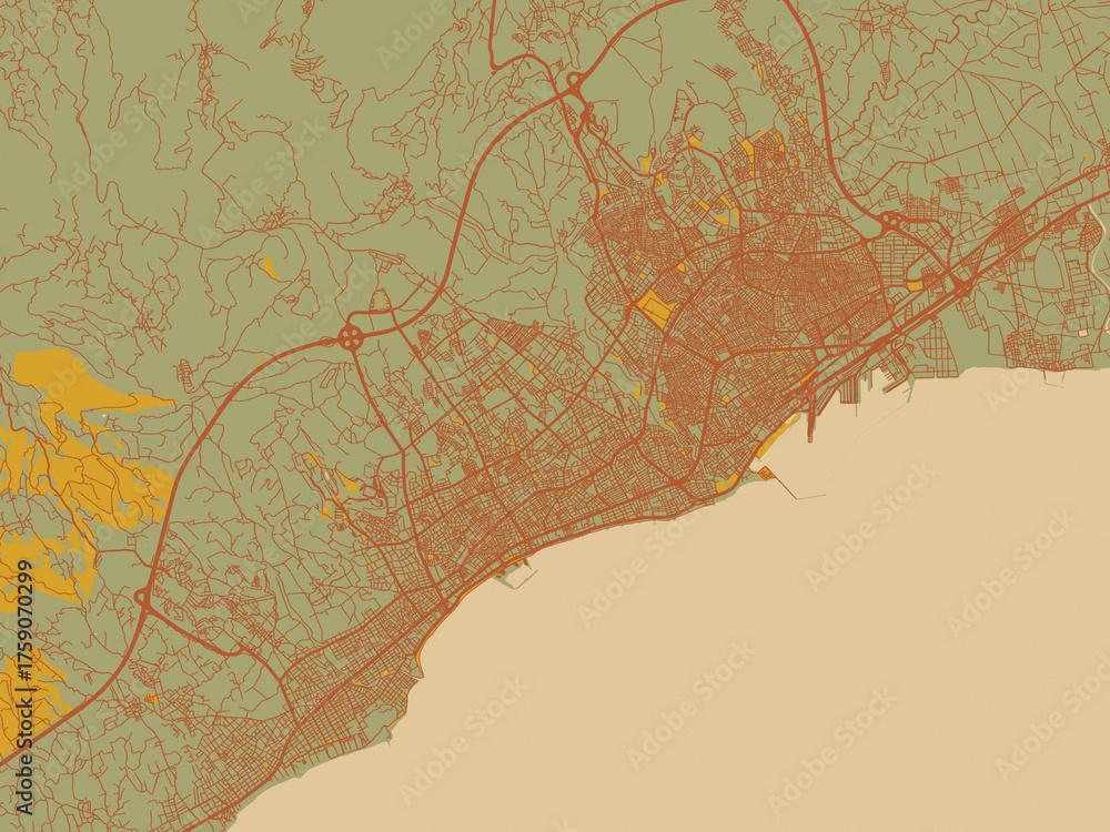 Fototapeta premium Modern flat map poster of Mersin, Türkiye in earthy sage background with rust roadways and ochre details.