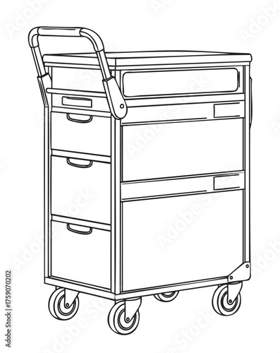 Black outline drawing of a multi-drawer rolling tool cart with a flat top and four swivel wheels, ideal for organizing tools in workshops or garages.