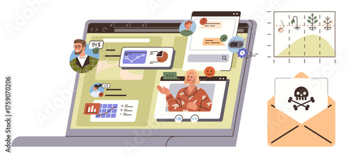 Laptop screen displaying virtual meetings, analytics, and potential malware threats. Ideal for technology, remote work, cybersecurity, data analysis, online learning, business and communication