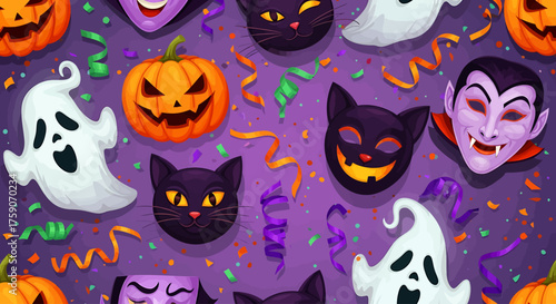 Vibrant Halloween Wallpaper Background with Festive Spooky Characters, Pumpkins, and Confetti Design