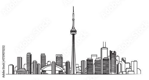 Black outline of toronto city skyline featuring prominent buildings like the cn tower and a variety of high-rise structures.