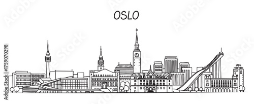 Black outline vector cityscape showcasing architectural landmarks of oslo, featuring modern and historic buildings with unique skyline elements.