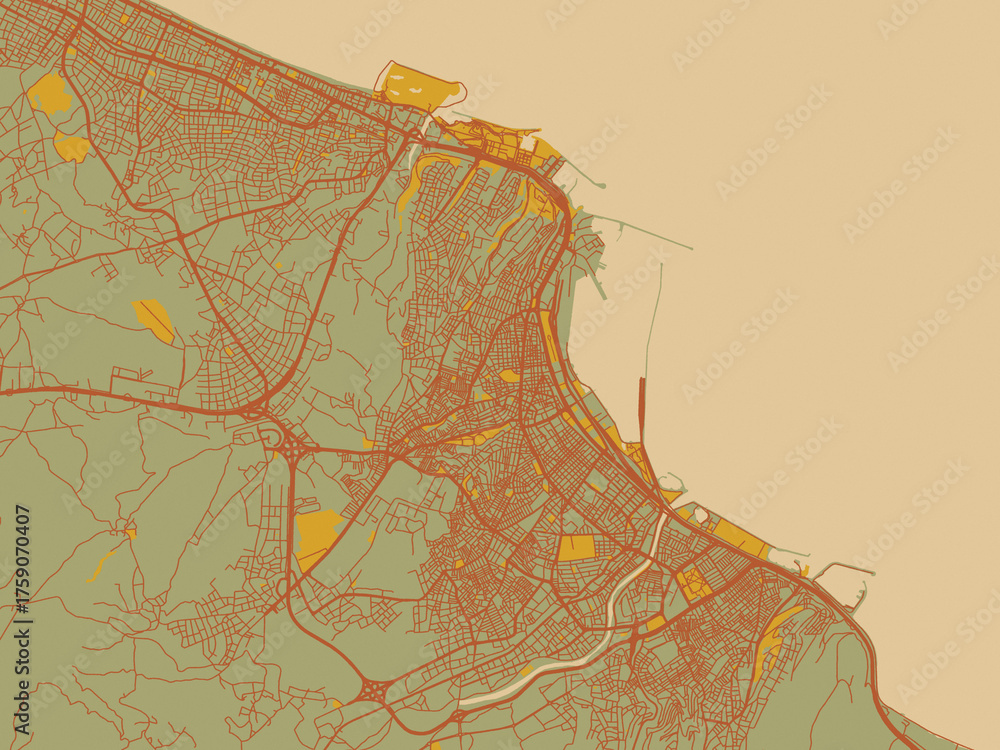 Fototapeta premium Vector-style flat map of Samsun, Türkiye with muted sage base, rust-colored roads, and soft ochre highlights.