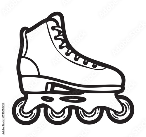 Black outline illustration of a rollerblade skate with four wheels and a high ankle support boot.