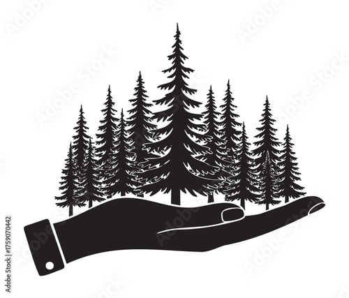 Silhouette of an outstretched hand cradling a cluster of tall evergreen pine trees, symbolizing protection and nature conservation.