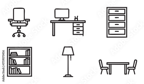 Simple black outline icons of an office chair, desk with computer, storage cabinet, bookshelf, floor lamp, and table with chairs for office furniture concepts.