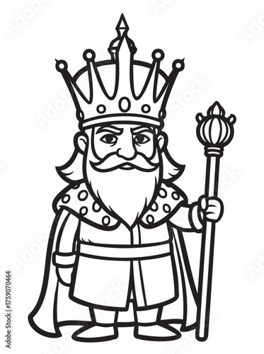 Black outline drawing of a cartoon king with a large crown, holding a scepter and wearing a cape, exuding a regal and authoritative presence.