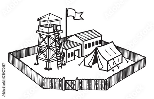 Black outline illustration of a fenced military camp with a watchtower, flag, barracks, and tent, showcasing basic tactical structures.