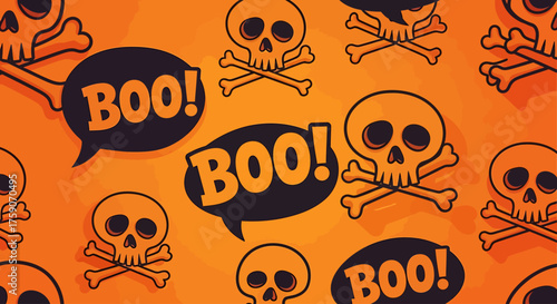 Spooky Halloween Wallpaper with Skulls and 'BOO!' Speech Bubbles