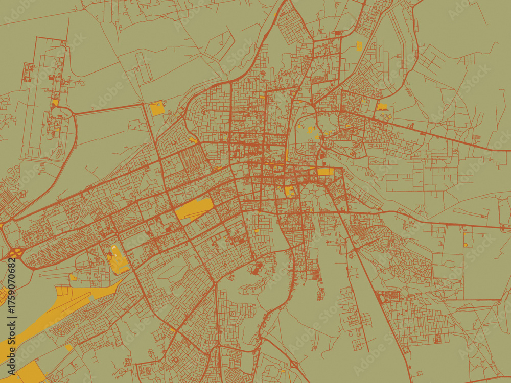 Obraz premium Graphic flat color map of Al Ain City, United Arab Emirates in earthy sage background with rust roadways and ochre details.