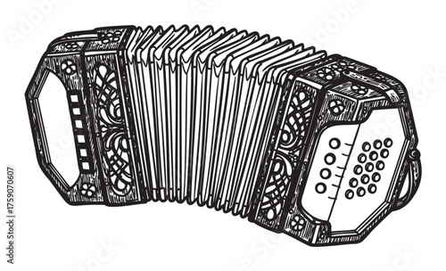 Black outline drawing of a detailed, classic accordion with decorative end panels and bellows in an expanded position.