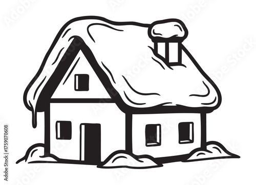 Black outline of a cozy snow-covered cottage with a steep roof and chimney, surrounded by small mounds of snow, evoking a charming winter scene.