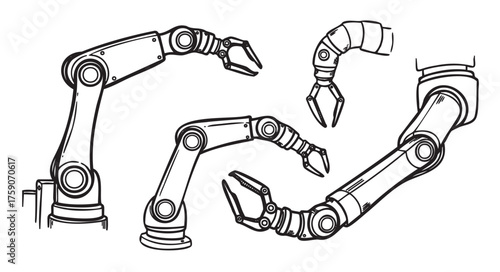 Black outline drawing of mechanical robotic arms with claw-like grippers, showcasing various joint articulations for industrial automation.