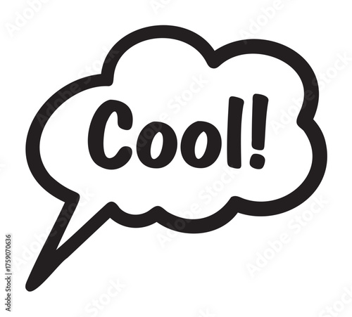 Black outline vector icon of a speech bubble with the word "cool!" inside, conveying excitement or approval.