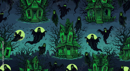 Spooky Haunted House and Ghostly Figures Halloween Wallpaper in a Glowing Green Night Scene