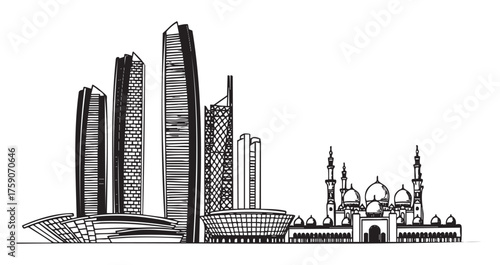 Black outline drawing of the abu dhabi skyline, featuring modern skyscrapers and traditional architecture, including a prominent mosque.