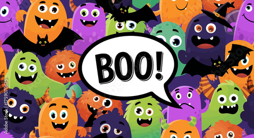 Fun Halloween Wallpaper Featuring a Crowd of Colorful Monsters with the Word 'Boo!'
