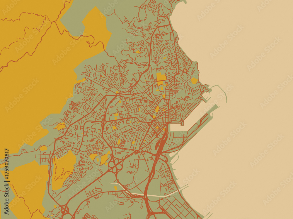 Fototapeta premium Decorative flat city map of Annaba, Algeria using sage/olive tone field with rust networks and ochre shapes, cream water.