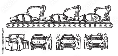 Assembly line with robotic arms welding car frames on a conveyor belt, with engineers and technicians inspecting vehicles.