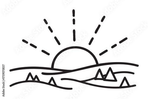 Black outline icon of a simple sun rising over a hilly landscape with stylized trees, symbolizing dawn and nature.