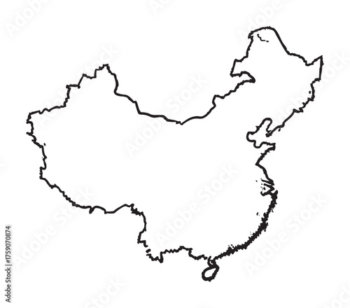 Black outline of the geographical shape of china, showcasing its distinct national borders and coastal lines.