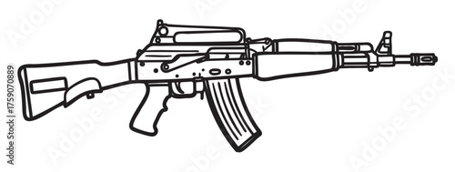 Black outline drawing of a rifle with a distinctive curved magazine and skeletal stock, showcasing detailed components and parts.