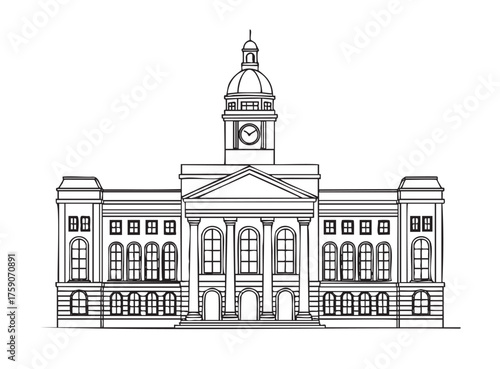 Black outline drawing of a classic historical courthouse building with a central dome and clock, showcasing symmetrical architectural features.