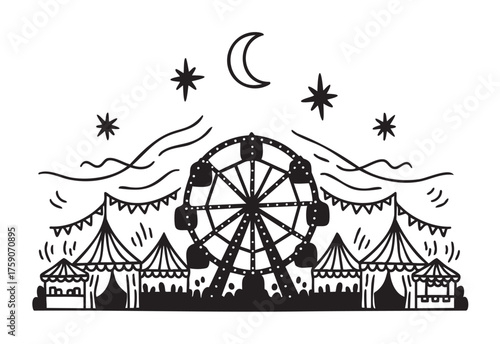 Black outline drawing of a carnival scene with a ferris wheel, tents, banners, stars, and a crescent moon.
