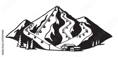Black and white illustration of a mountain with ski lifts, cable cars, and a lodge, surrounded by snow-covered peaks and trees.