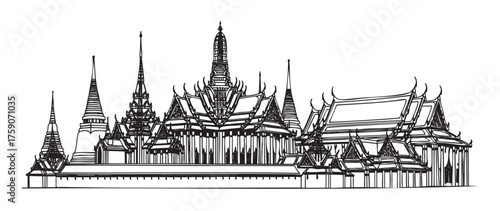 Black outline of an intricate and ornate thai temple with multiple spires and traditional architectural details.