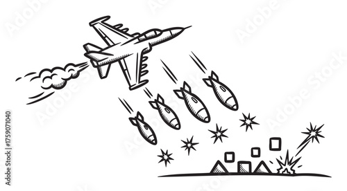 Black outline drawing of a fighter jet releasing multiple bombs in formation over a landscape, symbolizing an airstrike or military attack.