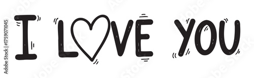 Hand-drawn black typography design featuring the phrase "i love you" with a heart symbol replacing the word "love.