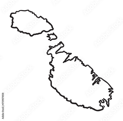 Black outline map of malta and its main islands, gozo and comino, representing geographical boundaries in simple linear style.