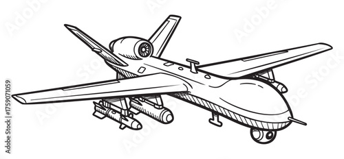 Black outline sketch of a military drone with missiles attached beneath its wings, detailed with engines and landing gear.