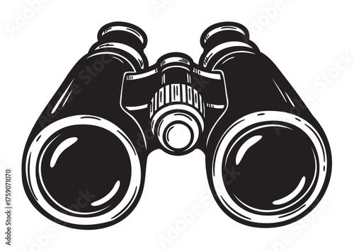 Black and white outline illustration of binoculars, showcasing detailed lenses and focus adjustment knob for exploration and adventure concepts.