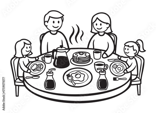 Cartoon family of four, including an adult caucasian male and female, enjoying breakfast at a round table with pancakes, eggs, and coffee.