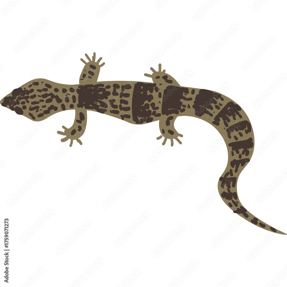 Naklejka premium A cartoon gecko lizard with brown and beige patterned skin crawls on a transparent white background displaying its textured skin and slender tail in a playful illustration