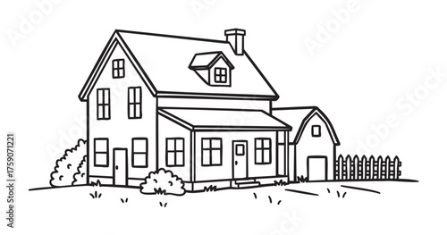 Black outline drawing of a two-story house with a front porch, dormer windows, and a small garage with a picket fence.