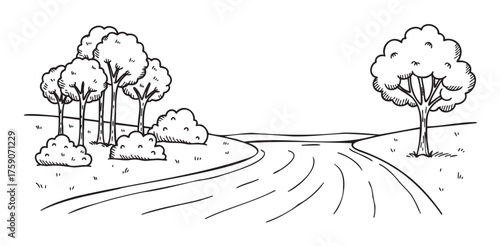 Black outline sketch of a serene countryside road curving through a landscape with clusters of trees and bushes.