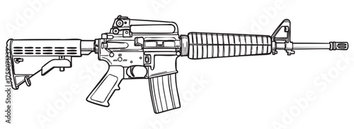 Black outline drawing of a modern assault rifle with detailed features, including a collapsible stock and a ribbed handguard for tactical equipment compatibility.