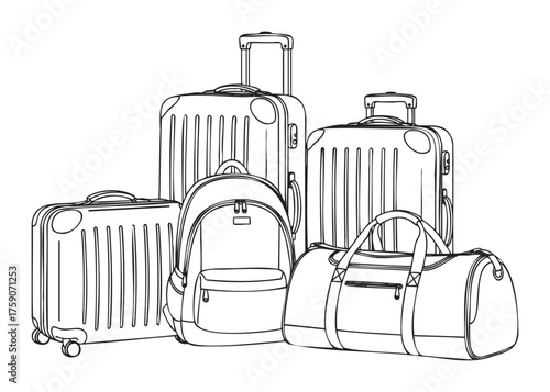 Black outline vector illustration of various travel bags including suitcases, a duffel bag, and a backpack.