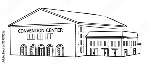 Detailed black and white line drawing of a large convention center with arched windows and a secondary attached building.