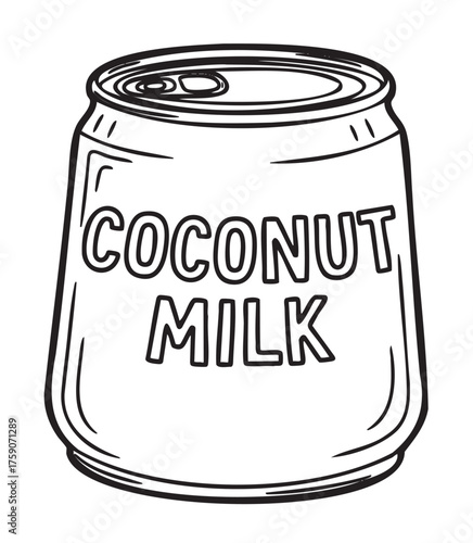Black and white outline drawing of a coconut milk can with bold text on its body, showcasing a simple and clear design.