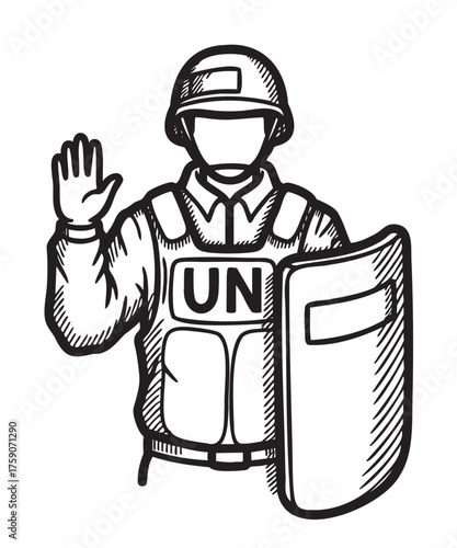 Black and white drawing of a un peacekeeper wearing a helmet and vest, holding a shield and raising one hand.