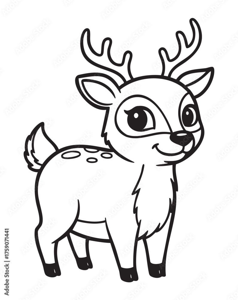 Fototapeta premium Cute cartoon deer with large eyes and prominent antlers, outlined in black, standing with a friendly expression.