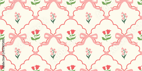 Coquette Floral trellis seamless pattern with bows and ribbons. Preppy spring summer hand drawn flowers. Botanical elegant trendy print. Vintage design for fabric, wallpaper, decor, background, paper