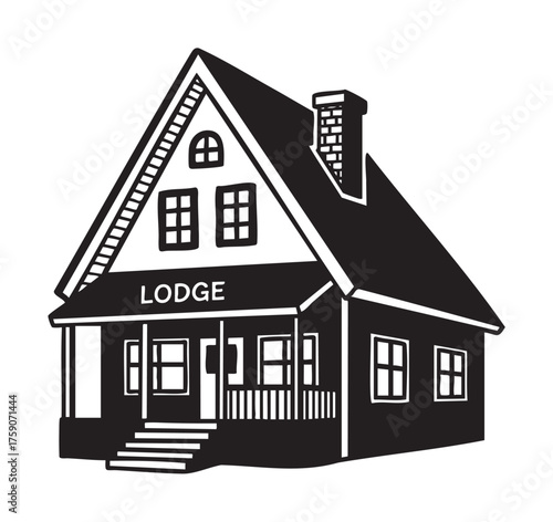 Black silhouette of a two-story lodge with a steep roof, chimney, and front porch displaying the word "lodge" above the entrance.